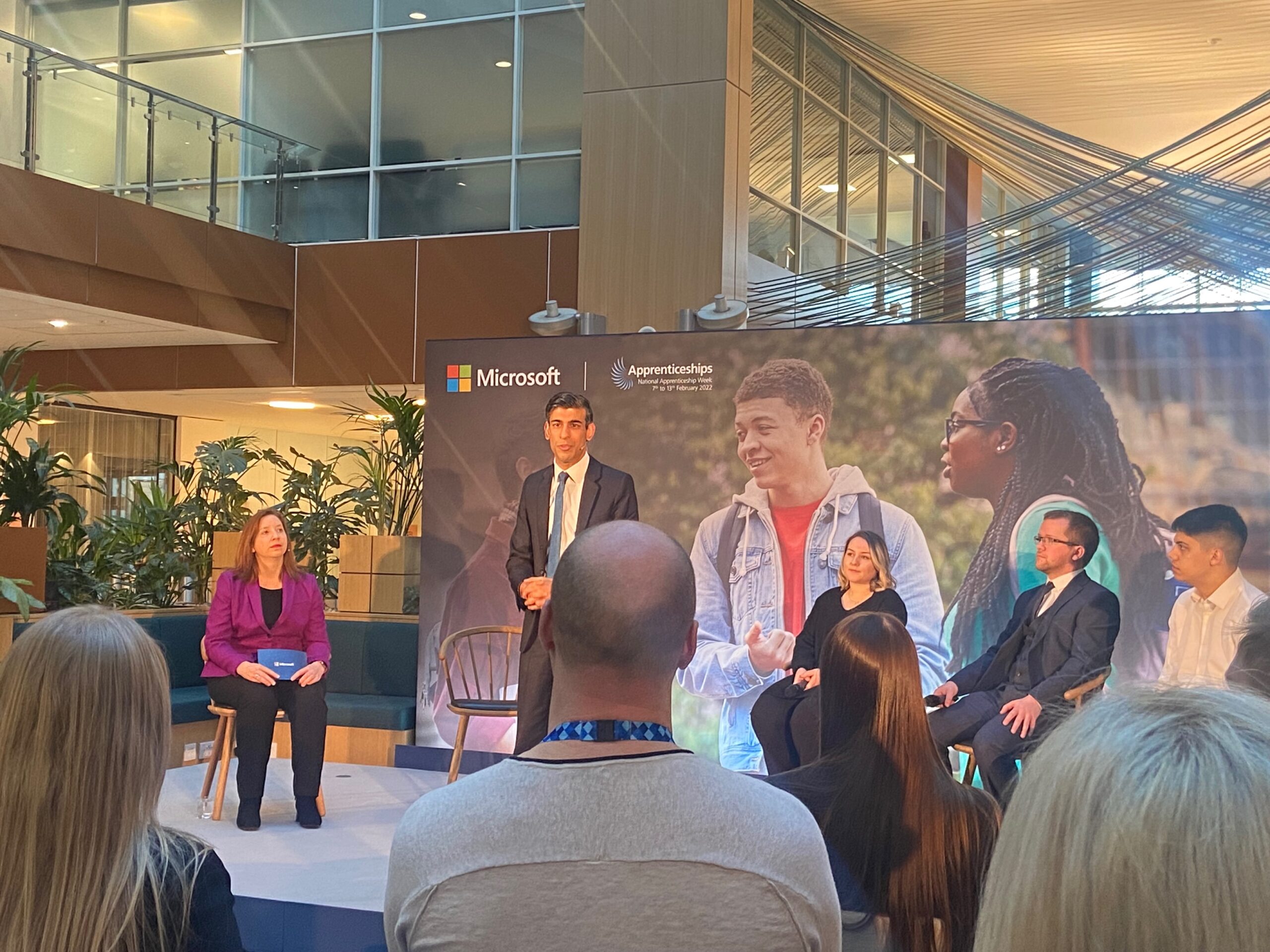 Celebrating National Apprenticeship Week with Microsoft 1 Rishi Sunak standing at Microsoft presenting at National Apprenticeship Week